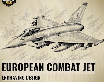 May include: Engraved illustration of a European combat jet, a detailed drawing in black and white. The image includes the text "EUROPEAN COMBAT JET" and "ENGRAVING DESIGN". The digital file is available in SVG, PNG, and CNC formats.