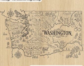 Grabado de mapa antiguo del estado de Washington / Archivo CNC láser (descarga digital)