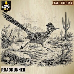 May include: A digital illustration of a roadrunner bird running through a desert landscape with cacti, rocks, and mountains. The artwork features detailed line work in black and white on a light wood grain background with the text ROADRUNNER.