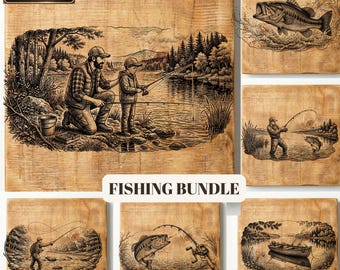 Vintage Fishing Bundle SVG PNG, Bass Lake Scene Engraving Files (Digital Download)