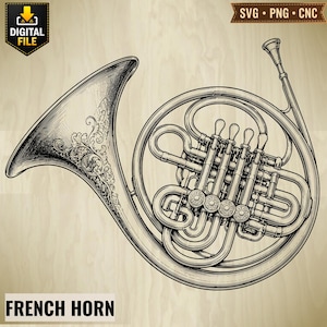 French Horn SVG PNG, Vintage Brass Instrument Laser Engraving File, Orchestra Music CNC Design, Digital Download