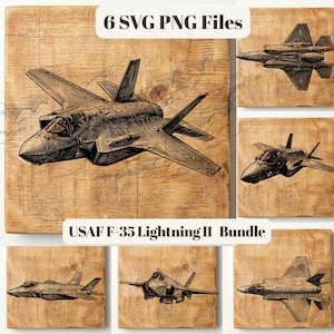 Puede incluir: Colección de seis archivos SVG y PNG con ilustraciones detalladas en blanco y negro del avión de combate USAF F-35 Lightning II. Las imágenes están sobre un fondo de vetas de madera marrón claro.