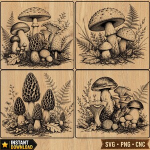 May include: Four square panels with detailed black and white illustrations of various mushrooms and foliage. The panels are set against a wood-grain background, with the words "INSTANT DOWNLOAD" and "SVG &bull; PNG &bull; CNC" visible.