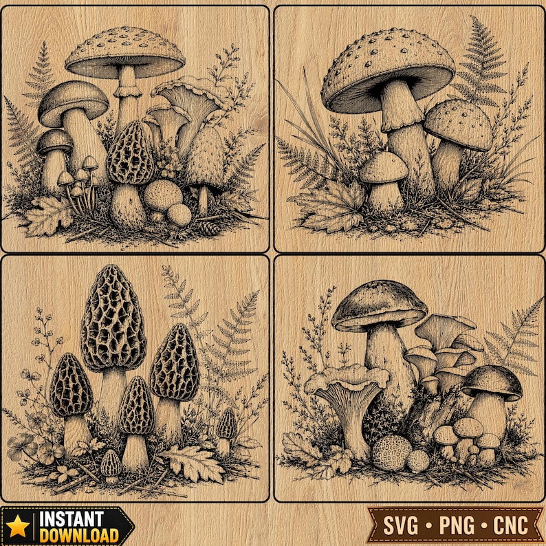 May include: Four square panels with detailed black and white illustrations of various mushrooms and foliage. The panels are set against a wood-grain background, with the words "INSTANT DOWNLOAD" and "SVG &bull; PNG &bull; CNC" visible.