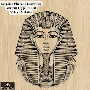 May include: Black and white engraving of an Egyptian pharaoh's mask, featuring intricate details of the headdress, face, and collar. The image includes text that reads "Egyptian Pharaoh Engraving Ancient Egypt Design SVG • PNG Files".