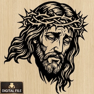 May include: Black and white digital file of a detailed illustration of a man with long hair, a beard, and a crown of thorns. The image includes the text "DIGITAL FILE" on a small rectangular plaque.