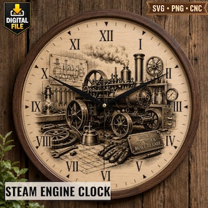 May include: A round wall clock with a dark wood frame featuring a detailed illustration of a steam engine, gears, tools, and a sign that reads BUILT TO WORK BUILT TO LAST. The clock face has black Roman numerals and black hands on a light wood background.