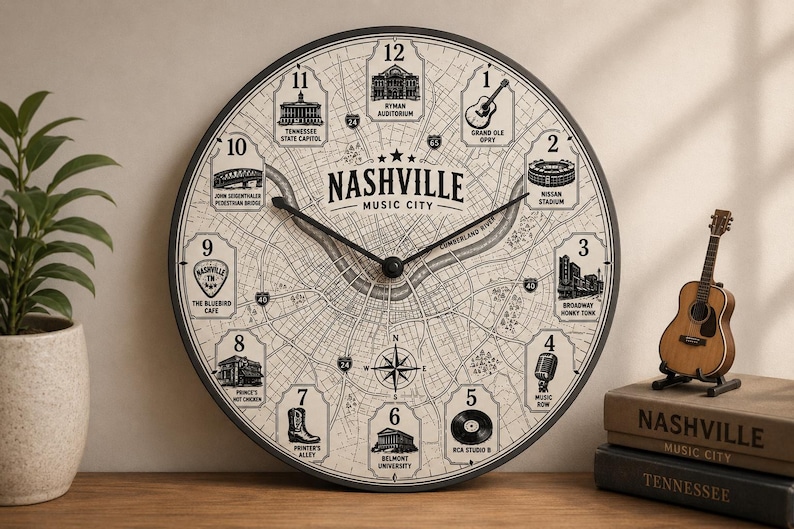 Nashville Music City Clock SVG PNG, Nashville Map Wall Clock Design ...