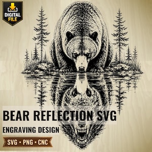 May include: A black and white digital graphic design featuring a bear standing in a forest of pine trees, with its reflection visible in the water below. The text BEAR REFLECTION SVG ENGRAVING DESIGN SVG PNG CNC is overlaid on the image.