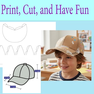 May include: A DIY craft project featuring a baseball cap template with dimensions of 7.3 inches in length and 5.5 inches in height. The image includes a child wearing a decorated cardboard cap with the text "Print, Cut, and Have Fun".