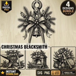 Christmas Blacksmith Bundle SVG PNG | Vintage Anvil, Forge, Hammer & Blacksmith Tongs Christmas Decor | Laser Engraving Files