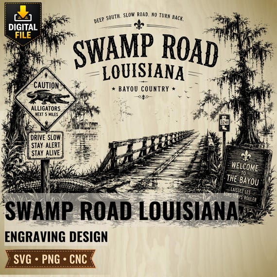 Swamp Road Louisiana SVG PNG, Bayou Country Engraving Design