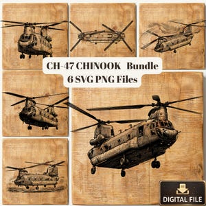 Peut inclure: Un lot numérique de six fichiers SVG et PNG d'hélicoptères CH-47 Chinook. Les illustrations sont en sépia, sur un fond de grain de bois. Le texte indique "CH-47 CHINOOK Bundle 6 SVG PNG Files".