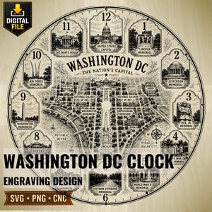 May include: A circular clock face design featuring a detailed map of Washington DC with the text Washington DC The Nation's Capital. Twelve ornate frames surround the map, each depicting a landmark like the Capitol and Lincoln Memorial.