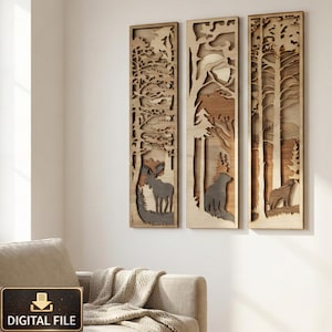 Zestaw wycinanych laserowo dekoracji ściennych „Leśna Chatka” – panele z motywem niedźwiedzia, wilka i jelenia, rustykalny wystrój domku, pliki SVG DXF