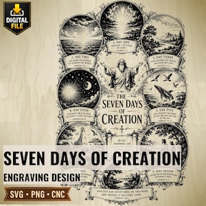 Puede incluir: Un diseño de grabado digital en blanco y negro titulado The Seven Days of Creation. Presenta una figura central con los brazos extendidos, rodeada por siete viñetas circulares que representan escenas de la creación bíblica con etiquetas de texto y referencias.