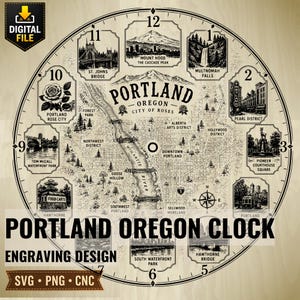 May include: A circular clock face design featuring a detailed map of Portland, Oregon, with the Willamette River at the center. Twelve rectangular panels surround the map, each depicting local landmarks like Mount Hood and Multnomah Falls.