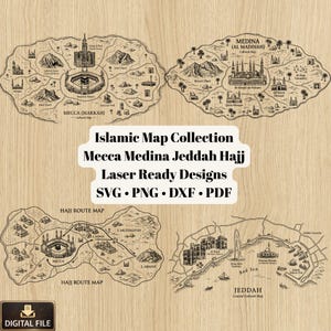 Può includere: Una collezione di mappe islamiche dettagliate raffiguranti La Mecca, Medina, Gedda e i percorsi dell'Hajj. Le mappe presentano illustrazioni di monumenti e caratteristiche geografiche. Il testo "Islamic Map Collection" e "Laser Ready Designs" è visibile.