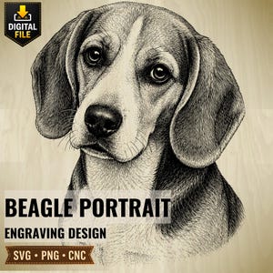 Puede incluir: Una ilustración digital en blanco y negro de un retrato de perro beagle con un trabajo de línea detallado. La imagen incluye el texto DIGITAL FILE, BEAGLE PORTRAIT, ENGRAVING DESIGN y SVG PNG CNC sobre un fondo de veta de madera clara.