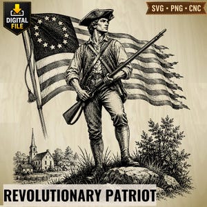 May include: A black and white digital illustration of a Revolutionary War soldier standing on a rock, holding a long rifle. Behind the soldier is a large American flag with thirteen stars in a circle. A small village is visible in the lower left.