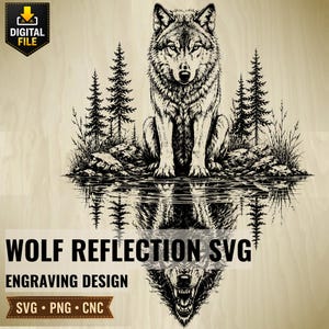 May include: A black and white digital graphic design featuring a wolf sitting in a forest with its reflection in water. The text reads WOLF REFLECTION SVG ENGRAVING DESIGN SVG PNG CNC. The design is presented on a light wood grain background.