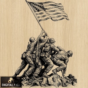 May include: A black and white illustration depicting soldiers raising the American flag. The flag is waving, and the soldiers are rendered in a detailed, vintage style. The background features a wood grain texture.