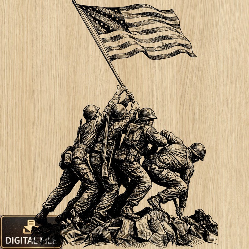 May include: A black and white illustration depicting soldiers raising the American flag. The flag is waving, and the soldiers are rendered in a detailed, vintage style. The background features a wood grain texture.