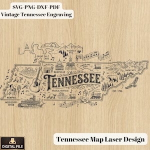 Op de afbeelding: Een zwart-wit gegraveerde kaart van Tennessee, met bezienswaardigheden zoals het State Capitol, de Smoky Mountains en de Mississippi River. Tekst bevat "Tennessee", "Musical Heritage" en "Est. 1796".
