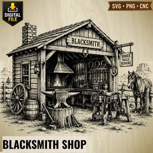 May include: A black and white digital illustration of a blacksmith shop featuring a wooden building with a chimney, an anvil on a stump, a barrel, and various tools. A sign reads BLACKSMITH and another reads SHOES NAILS REPAIRS. A horse stands nearby.