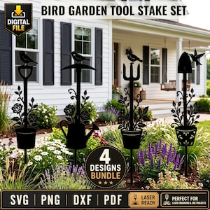 May include: A set of four black metal garden stakes featuring bird silhouettes perched atop gardening tools including a shovel, pickaxe, pitchfork, and trowel, each decorated with floral vine accents and potted plant bases, presented as a digital file bundle.