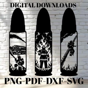 May include: Three black silhouette designs of firefighter-themed images. The first shows a fire truck and a firefighter, the second a firefighter in flames, and the third a firefighter on a ladder. The words "DIGITAL DOWNLOADS" and "PNG-PDF-DXF-SVG" are at the top and bottom.