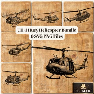 Puede incluir: Un paquete de descarga digital con seis archivos SVG y PNG de helicópteros UH-1 Huey. Las ilustraciones son detalladas, con una estética vintage, sobre un fondo de vetas de madera. También es visible el texto "UH-1 Huey Helicopter Bundle 6 SVG PNG Files".