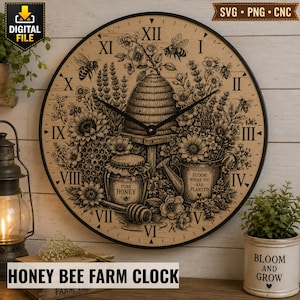 May include: A round wall clock with a black frame and a light wood-grain face featuring black Roman numerals. The design includes a central beehive, honey jar, watering can, sunflowers, and bees. The text reads PURE HONEY and BLOOM WHERE YOU ARE PLANTED.