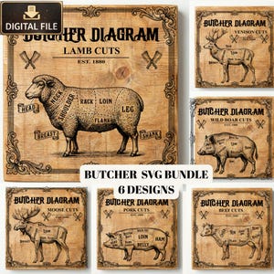 May include: A digital file showcasing six butcher diagram designs on wooden panels. The designs detail cuts of lamb, venison, wild boar, moose, pork, and beef. Each diagram is labelled with meat cuts and includes the text "Butcher Diagram" and "Est. 1880".