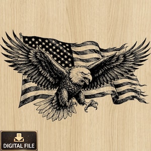 Puede incluir: Ilustración detallada en blanco y negro de un águila calva con las alas extendidas, sobre una bandera estadounidense ondeando. El águila está representada con intrincados detalles de plumas. La imagen incluye el texto "DIGITAL FILE" en un recuadro.