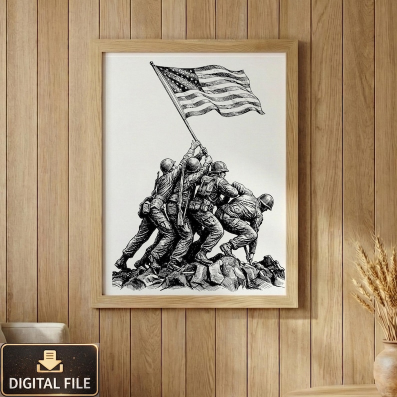 May include: A framed black and white illustration of soldiers raising the American flag. The artwork, in a light wood frame, shows the iconic image of the flag being raised by soldiers on a rocky terrain. The words "DIGITAL FILE" are at the bottom.
