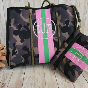 Neoprene Camouflage Tote Customized | Conference Bag | Pink and Green Carryall | Work Satchel | Teacher Bag | Baby Bag