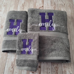 Monogrammed Towel Set | Custom Embroidered Towels | Collegiate Script Font Embroidery Design | 3 pc Towel Set | 6 pc Set | single towels