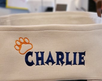 Personalized Dog Toy Bin EMBROIDERED FABRIC Storage Basket Linen Basket For Vinyl Handles Two Basket Colors Custom Dog Basket