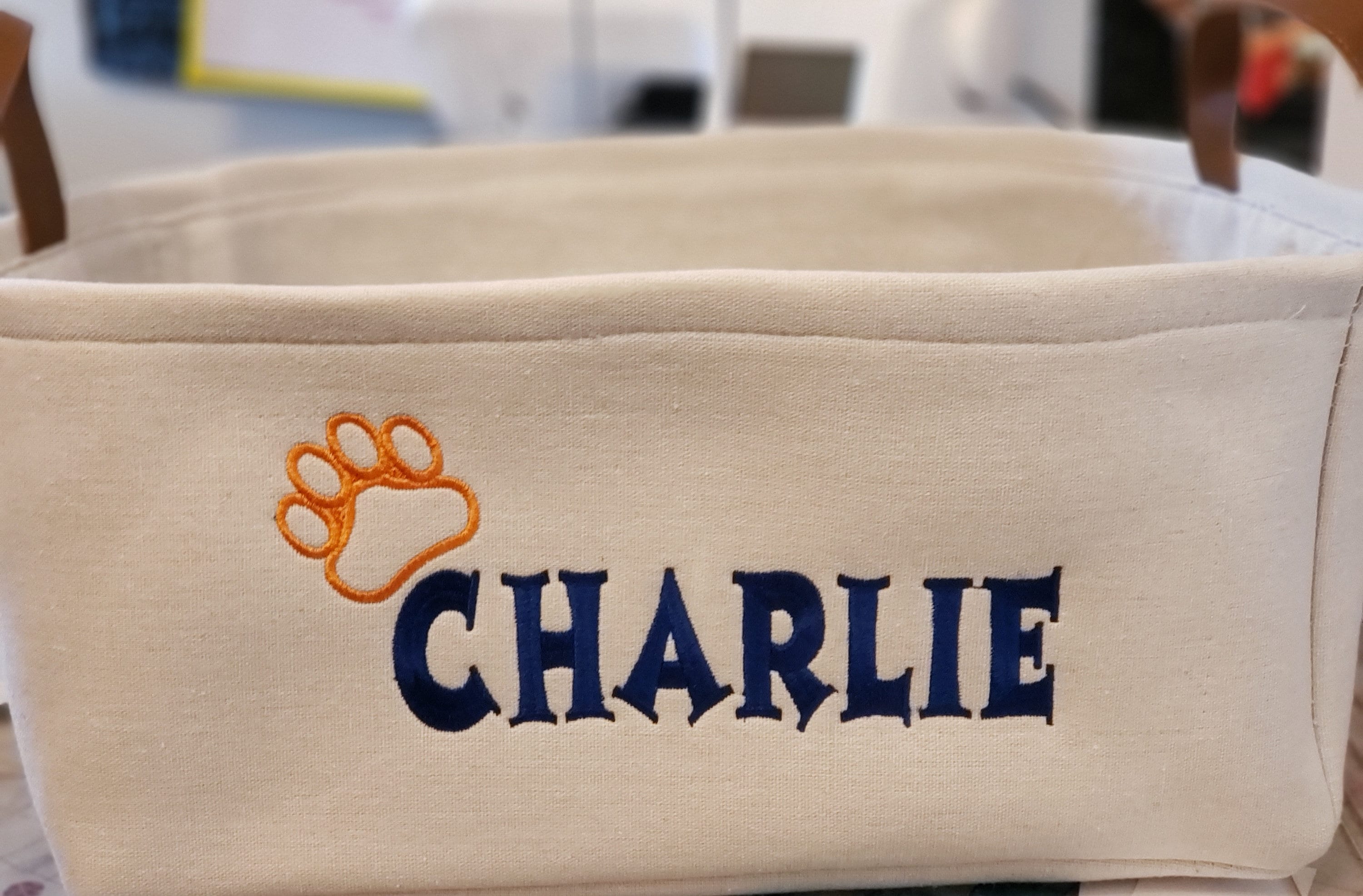 Personalized Dog Toy Bin EMBROIDERED FABRIC Storage Basket Linen Basket For Vinyl Handles Two Basket Colors Custom Dog Basket