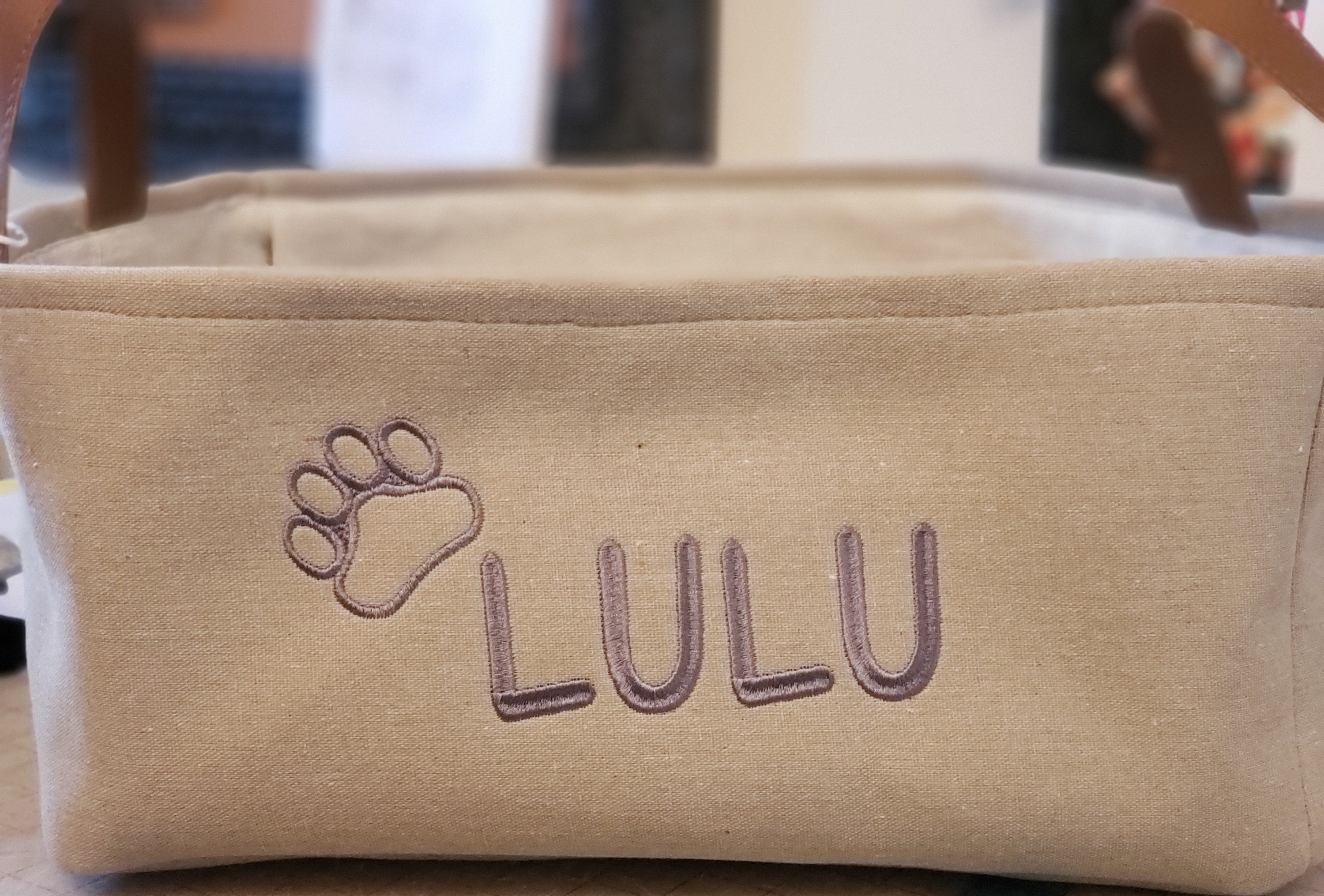 Personalized Dog Toy Bin EMBROIDERED FABRIC Storage Basket Linen Basket For Vinyl Handles Two Basket Colors Custom Dog Basket