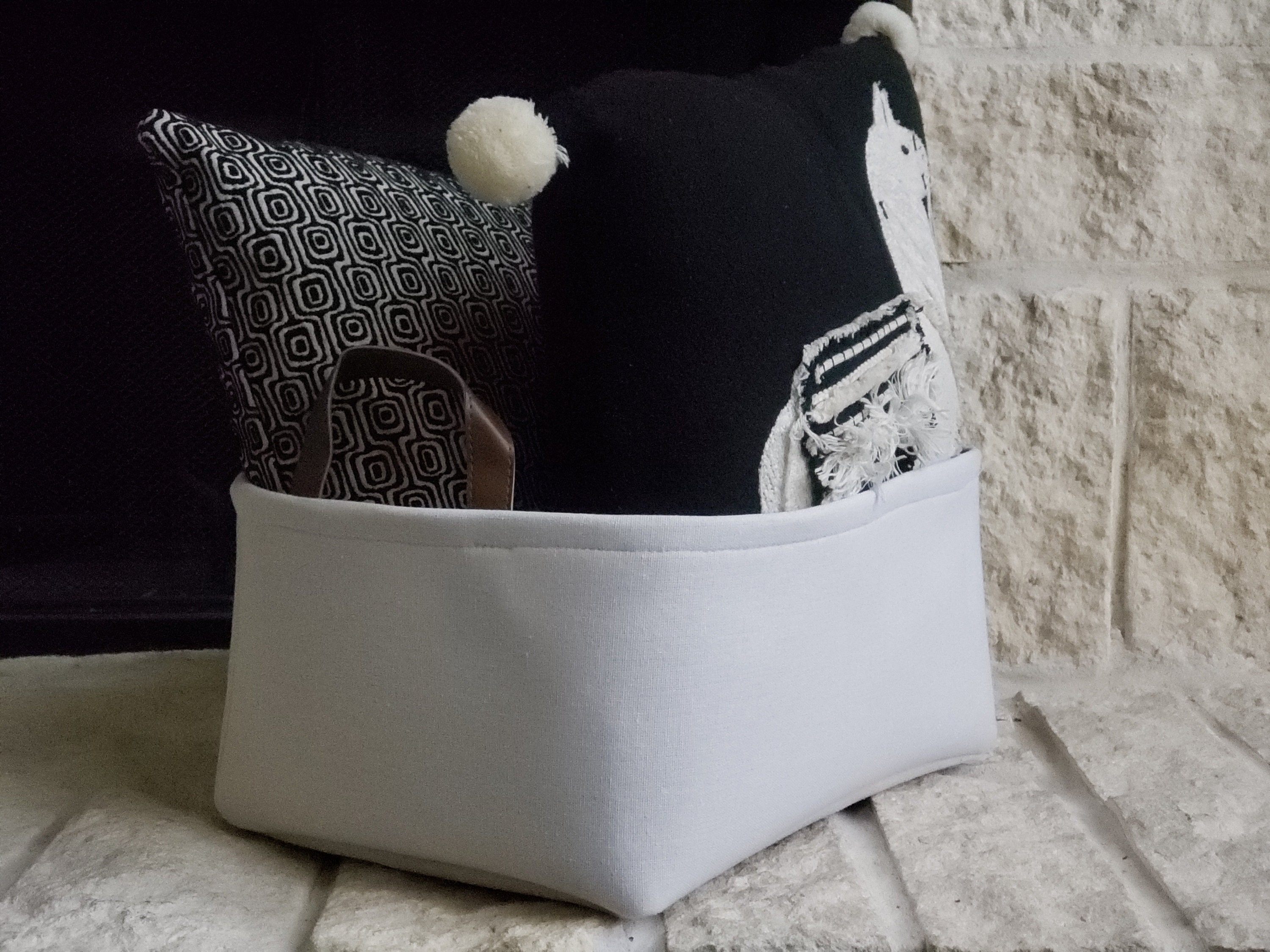 Personalized Dog Toy Bin EMBROIDERED FABRIC Storage Basket Linen Basket For Vinyl Handles Two Basket Colors Custom Dog Basket