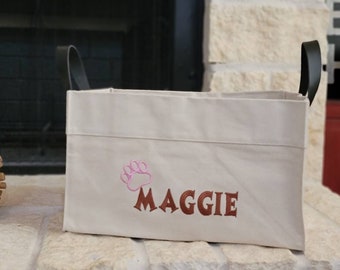 Personalized Embroidered Dog Toy Bin, Linen Fabric Basket
