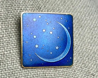 Vintage Crescent Moon Stars Brooch, Gold Tone Blue Enamel Square Small Shawl Scarf Brooch, Signed Estate Costume Jewelry, Gift for Friend.