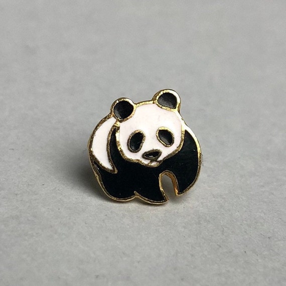 Vintage Panda Mini Pin, Gold Tone White Black Enamel Small Shawl