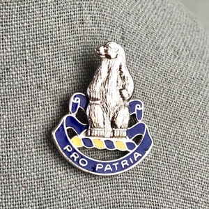 Pode incluir: Um alfinete de metal prateado com um urso em pé sobre uma faixa azul e branca. A faixa tem as palavras "PRO PATRIA" em letras brancas. O alfinete está sobre um fundo cinza texturizado.