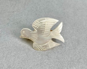 Vintage Bird Mother of Pearls Mini Brooch, Gold Tone White Dove Shawl Scarf Lapel Pin, Signed Costume Jewelry, Gift for Her.