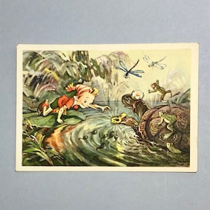 Vintage USSR Pinocchio Buratino Tale "Golden Key" 1955, schildpadtortilla geeft gouden sleutel, Sovjet "Izogiz", Russische cadeaubon