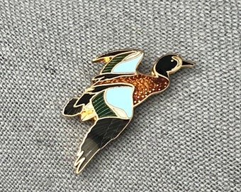 Vintage Flying Duck Bird Mini Brooch, Gold Tone Green Brown Blue Enamel Shawl Scarf Lapel Brooch, Estate Costume Jewelry, Gift for Friend.
