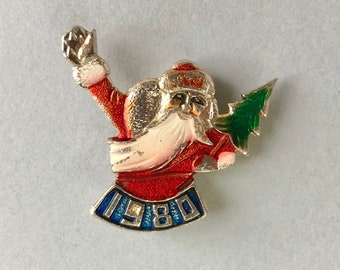 Vintage Santa Claus Ded Moroz 1980 USSR Lapel Pin, Gold Tone Red Blue Green Enamel Badge, Olympiad year 1980s Gift for Friend.